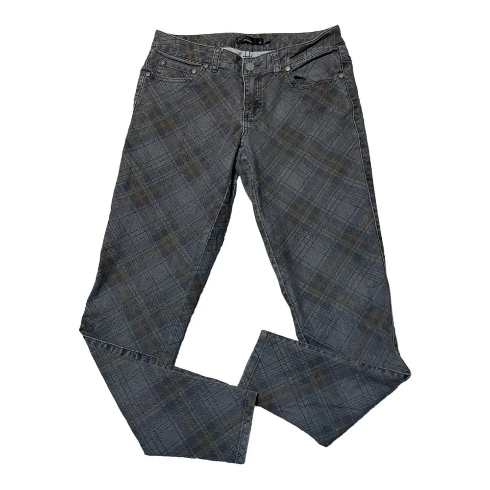 PrAna Skinny Ankle Zip Jeans Women’s Sz 4 Ash Gray Plaid Low Rise Stretch Denim